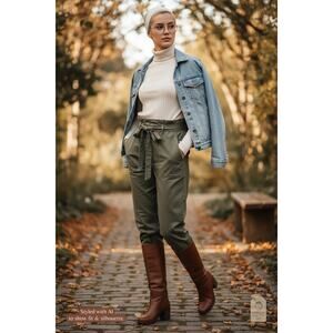 Zara Basic olive paperbag tie belt ankle pants XS